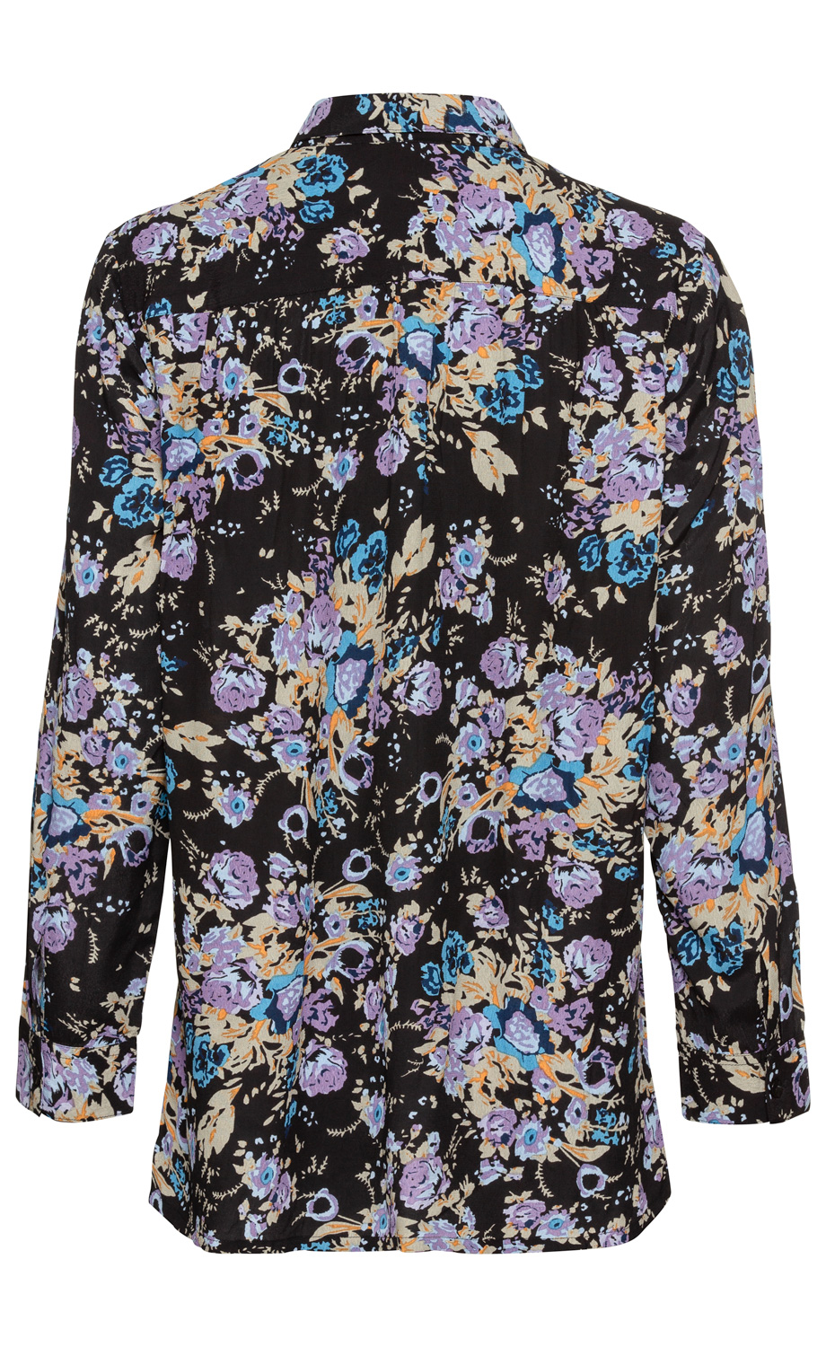 Rückansicht einer Viskose-Bluse mit schwarzem Grund, floralem Muster in Blau, Lila und Beige, langärmlig, klassischer Kragen, leichte Faltenbildung, gerade geschnitten