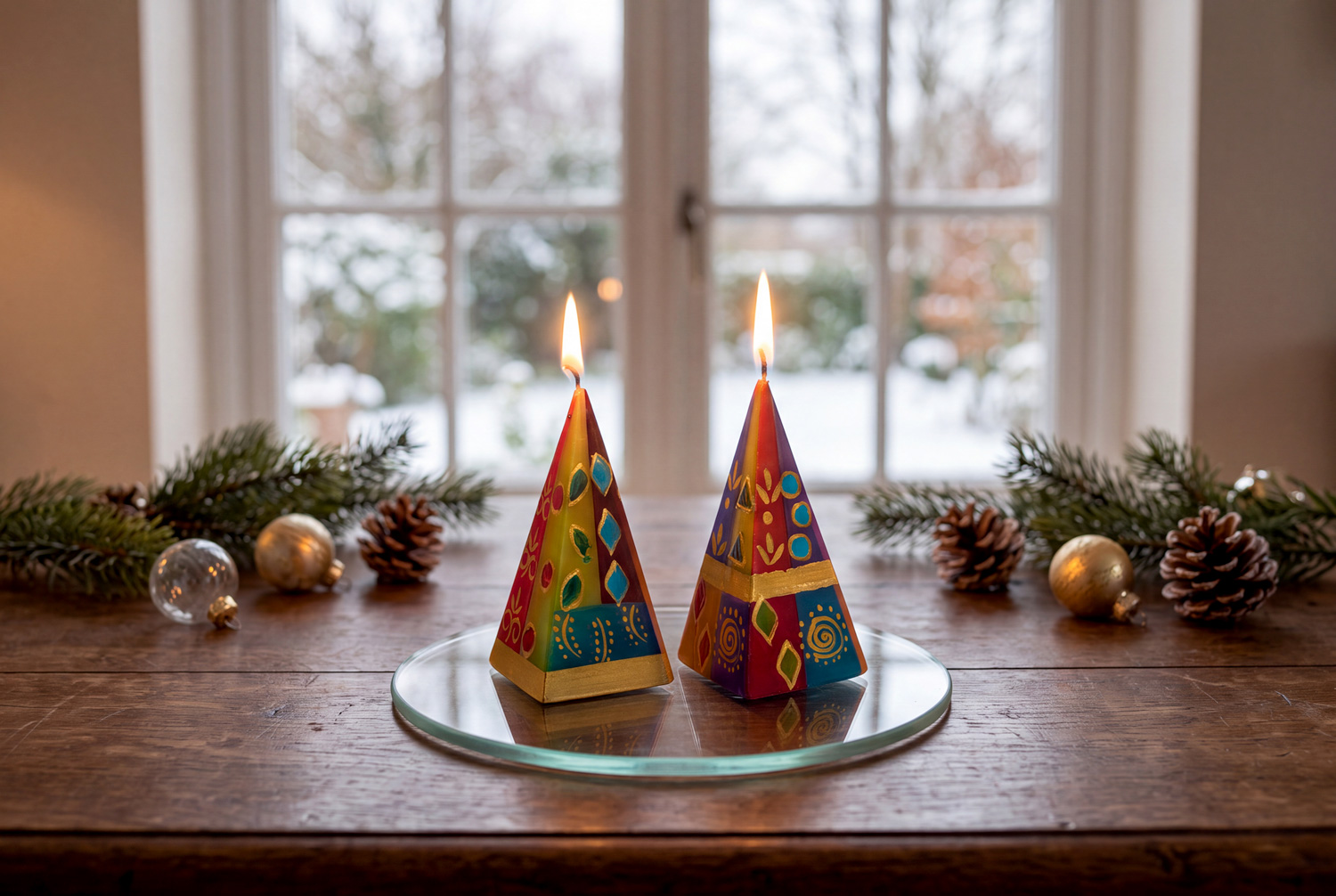 Zwei brennende, bunt bemalte Pyramidenkerzen auf einem runden Glasteller, umgeben von Tannenzweigen, Tannenzapfen und goldenen Christbaumkugeln auf einem Holztisch vor einem Fenster mit winterlicher Landschaft im Hintergrund.