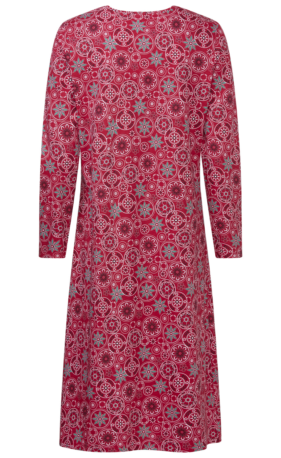 Rotes langärmeliges Kleid mit rundem Halsausschnitt und Muster aus weißen, dunkelroten und türkisen Blumen und Kreisen, Rückansicht, knielang, gerade geschnitten