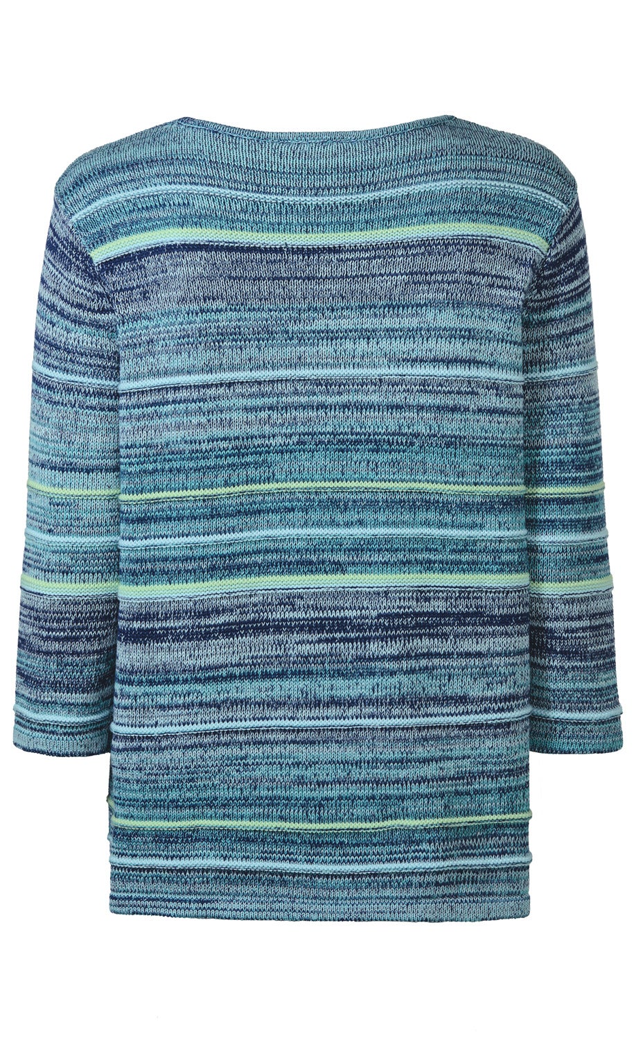 Baumwoll-Pullover in Blau- und Türkistönen mit längs verlaufenden Streifen in Hellgrün und verschiedenen Blauschattierungen, Rückenansicht, langärmlig, rundhalsausschnitt, grob gestrickt, lässiger Schnitt