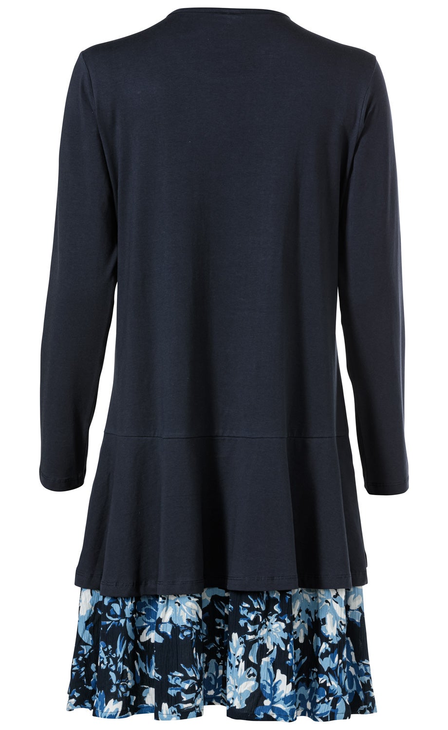Baumwoll-Kleid, Rückansicht, langärmelig, dunkelblau, locker sitzend mit abgestepptem Taillenbereich, unterer Teil mit blau-weiß floral gemustertem, plissiertem Stoffabschluss