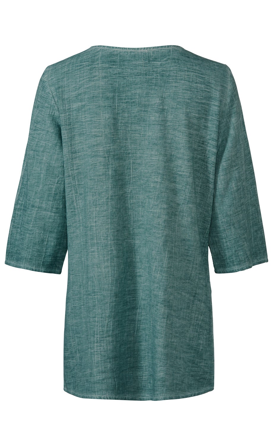 Baumwoll-Bluse in grünblauer Farbe mit 3/4-Ärmeln, geradem Schnitt, hinten ohne Muster, strukturierte Stoffoptik, sichtbare Nahtdetails am Ausschnitt und den Ärmeln, Rückansicht.