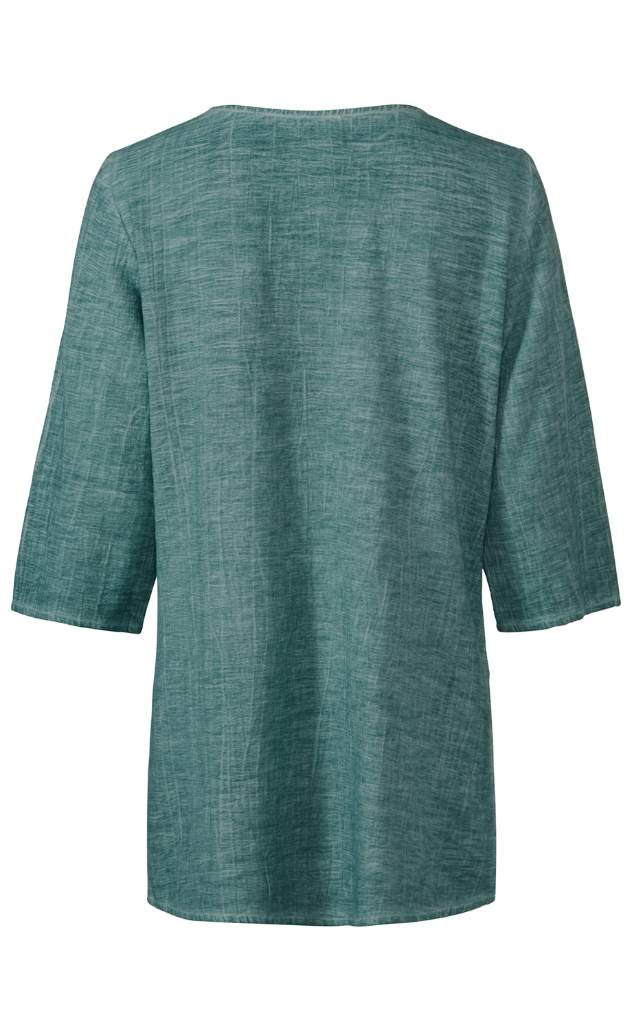 Baumwoll-Bluse in grünblauer Farbe mit 3/4-Ärmeln, geradem Schnitt, hinten ohne Muster, strukturierte Stoffoptik, sichtbare Nahtdetails am Ausschnitt und den Ärmeln, Rückansicht.
