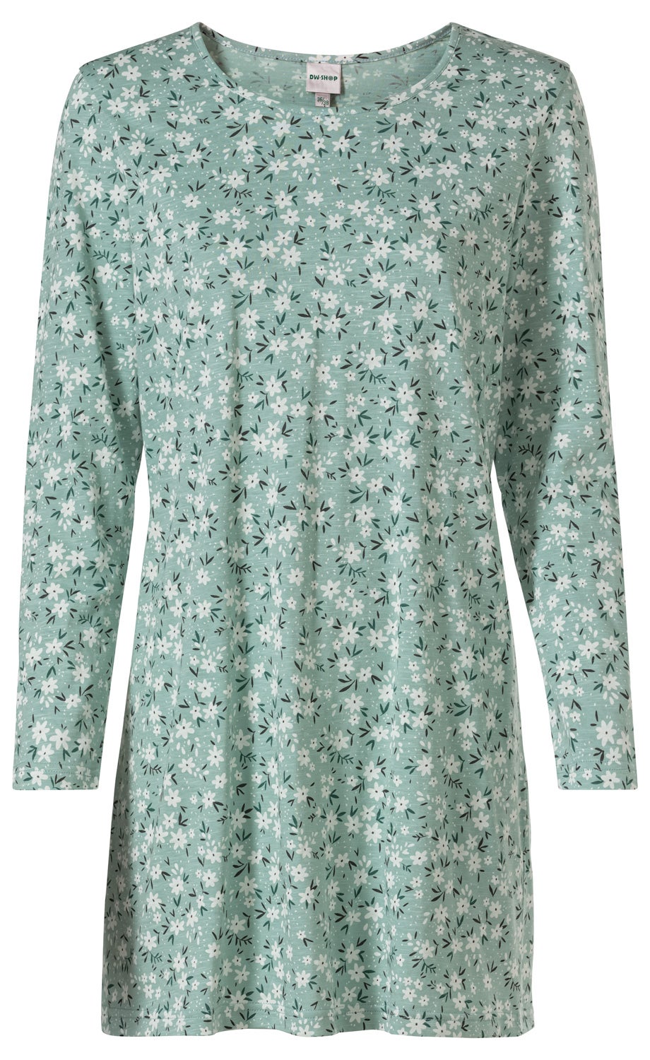 leichter Baumwoll-Shirt in Mintgrün mit weißem Blumenmuster, langärmlig, Rundhalsausschnitt, legerer Schnitt, Größe 36/38, modisch und bequem