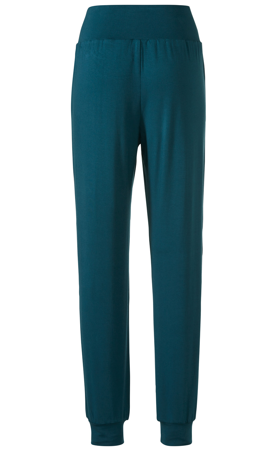 Dunkelgrüne Viskose-Mix-Hose mit hohem elastischem Bund, schmal zulaufenden Beinen und Bündchen am Beinabschluss, schlichtes Design ohne Taschen oder Muster, Vorderansicht auf weißem Hintergrund