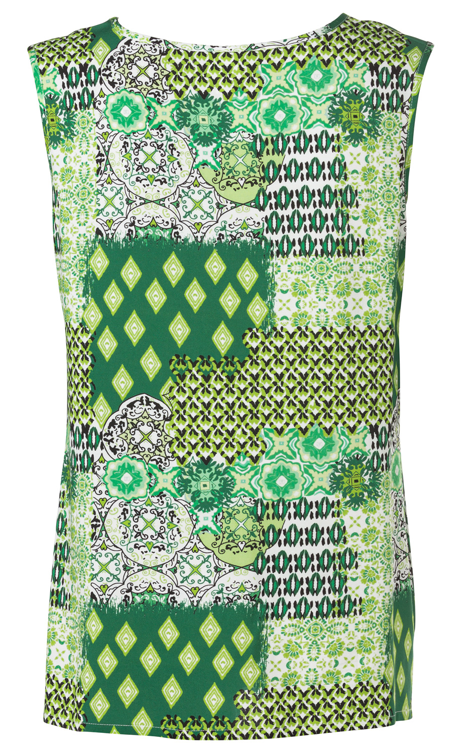 Viskose-Top ohne Ärmel mit Patchwork-Muster in verschiedenen Grüntönen, Weiß und Schwarz, mit geometrischen und floralen Motiven, rundem Halsausschnitt, gerade geschnitten