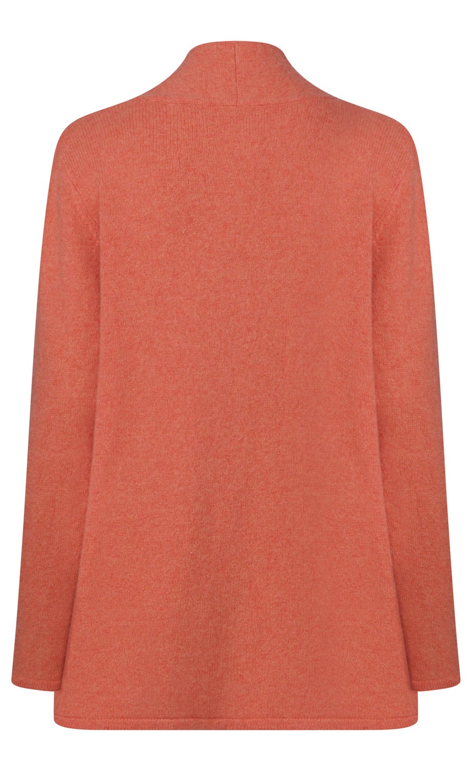 Rückansicht eines orangenen, langärmligen Rollkragenpullovers aus weichem Strickmaterial