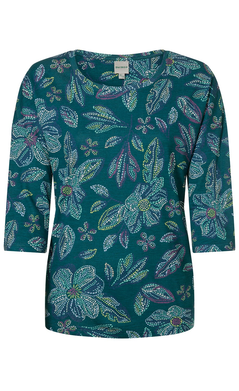 grünes Viskose-Shirt mit 3/4-Ärmeln und buntem, abstraktem Blumenmuster in Weiß, Gelb, Lila und Blau, Rundhalsausschnitt, leger geschnitten