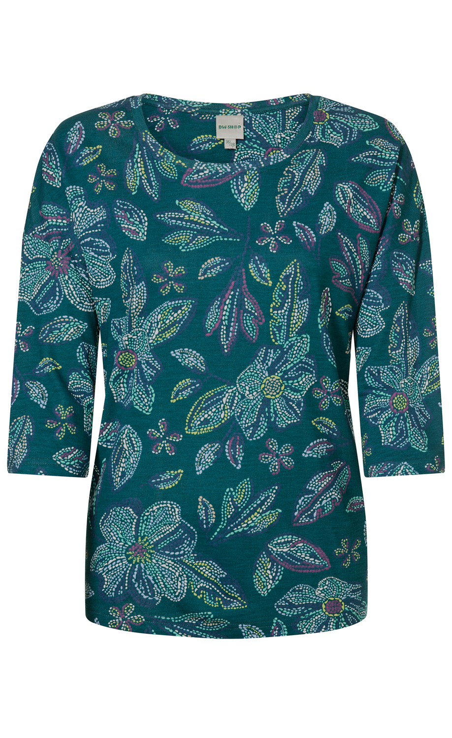 grünes Viskose-Shirt mit 3/4-Ärmeln und buntem, abstraktem Blumenmuster in Weiß, Gelb, Lila und Blau, Rundhalsausschnitt, leger geschnitten