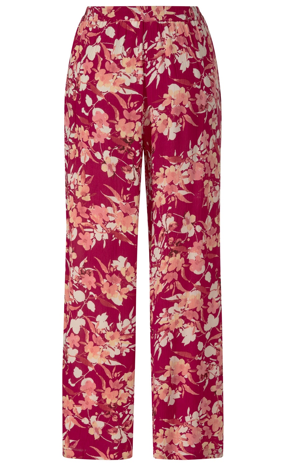 Viskose-Hose in Pink mit floralem Muster in Weiß, Rosa und Apricot, gerade geschnitten, elastischer Bund, leichte Struktur im Stoff