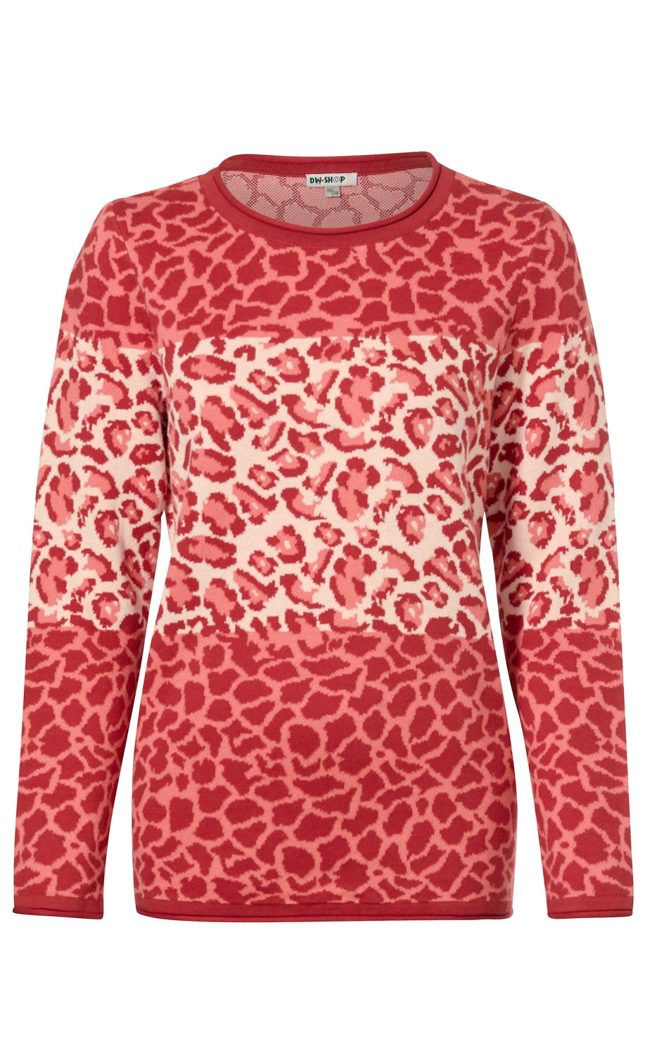 Baumwoll-Pullover in Rot- und Rosatönen mit langem Arm, rundem Halsauschnitt und auffälligem Leopardenmuster, mittig hellere Musterzone, eng anliegender Schnitt