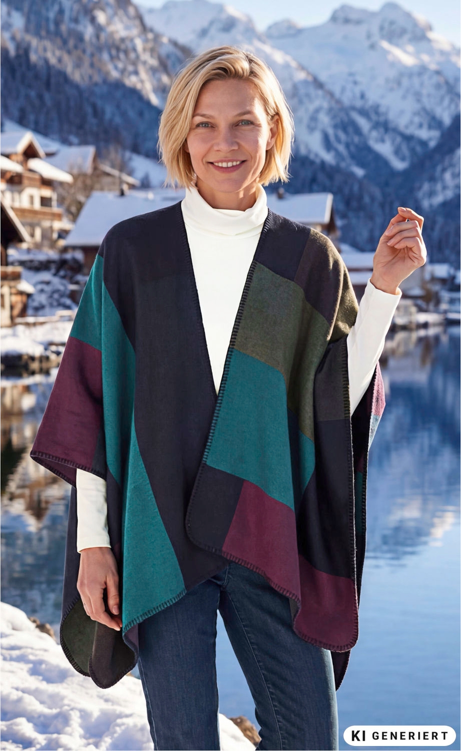 Frau trägt bunten Poncho in Blau-, Grün- und Burgundertönen über weißem Rollkragenpullover und Jeans, stehend vor verschneiter Berglandschaft mit Holzchalets und Bergsee im Hintergrund