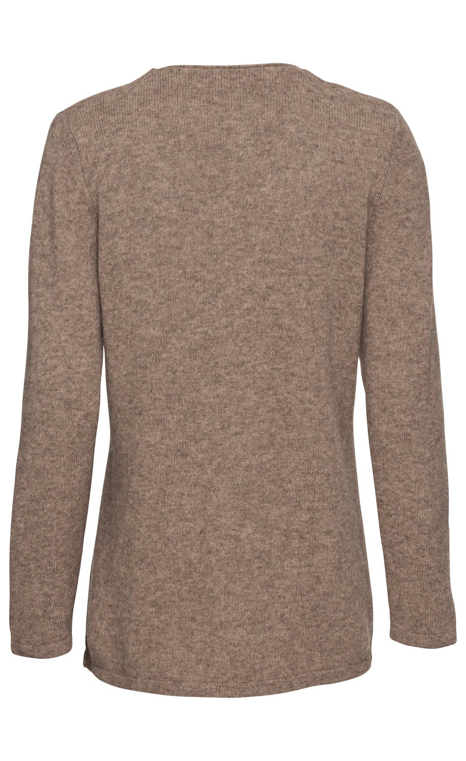 Rückansicht einer hellbraunen Yak-Mix-Strickjacke mit langen Ärmeln, schmalem Rundhalsausschnitt und geradem Saum, feine Struktur, schlichtes Design ohne Muster oder Verzierungen