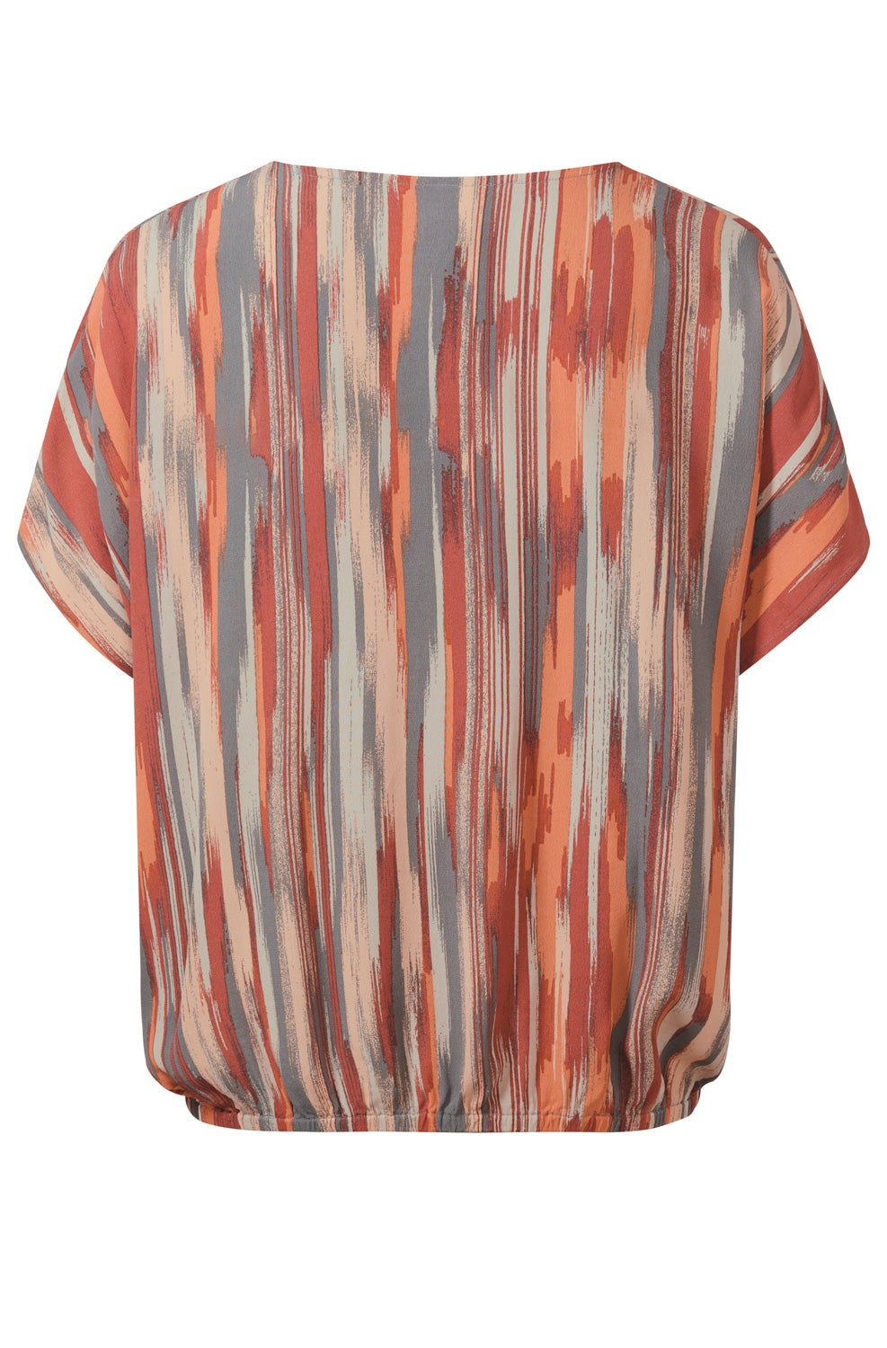 Viskose-Bluse mit kurzem Arm, locker geschnitten, elastischem Bund unten, abstraktem vertikalem Muster in Orange, Rostrot, Grau und Beige, Rückansicht, ohne Kragen