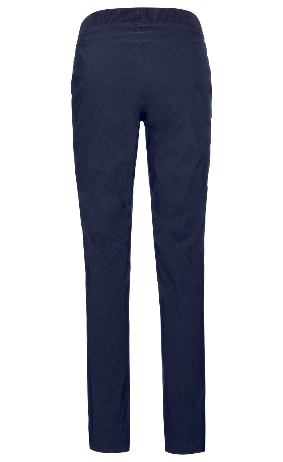 Dunkelblaue Viskose-Mix-Hose, gerade geschnitten, ohne sichtbare Taschen, elastischer Bund, glatter Stoff, Rückansicht, einfache Verarbeitung, leicht tailliert, knöchellanger Schnitt