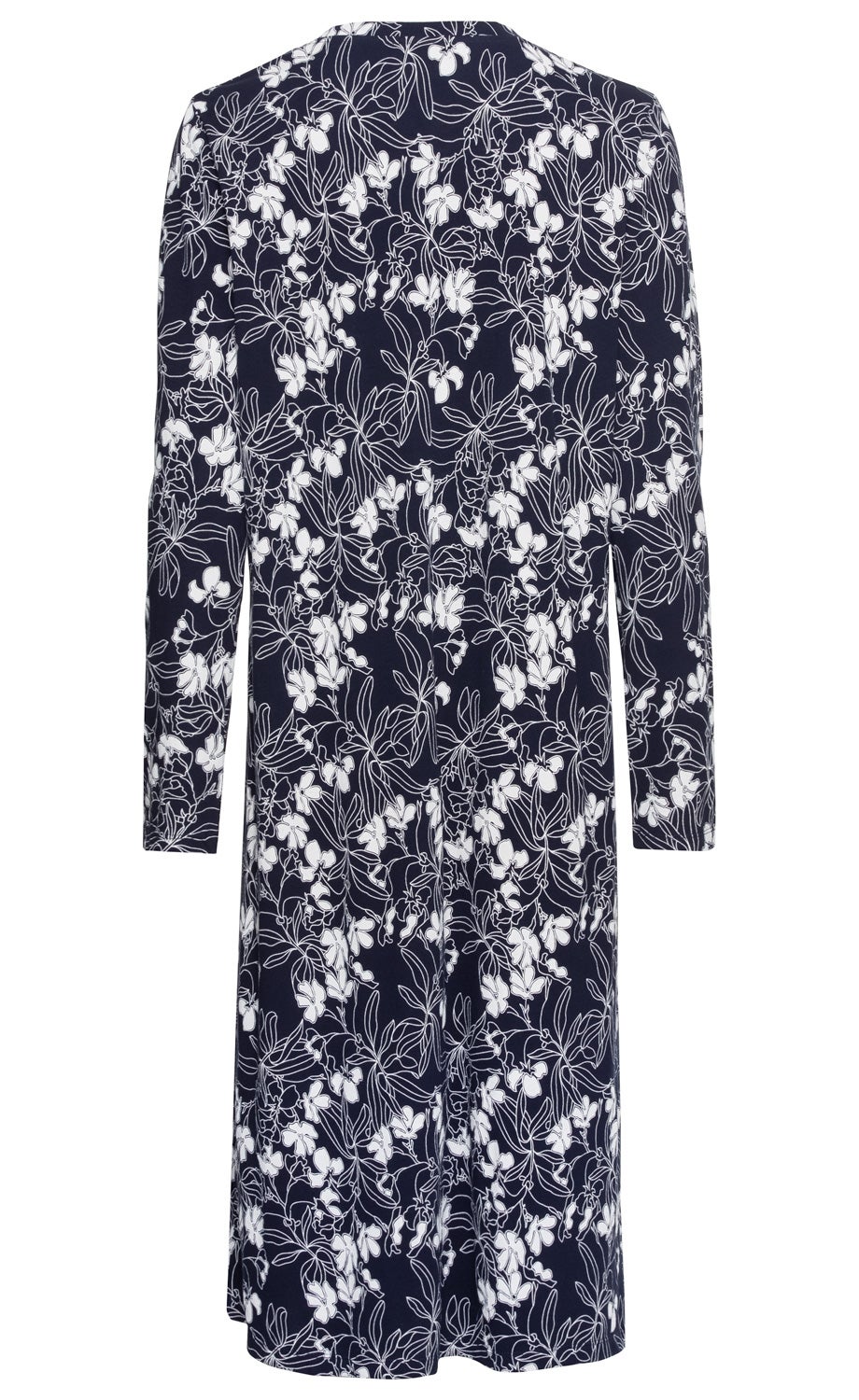 Baumwoll-Nachthemd, navyblau mit weißem floralen Muster, langärmlig, knielang, gerade geschnitten, Rückansicht.