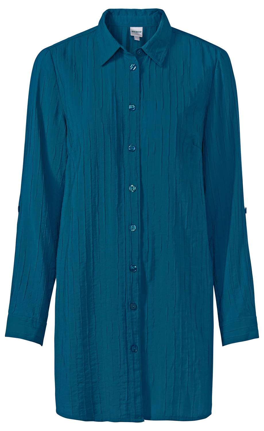 Viskose-Mix Bluse in Petrol mit Strukturmuster, durchgehender Knopfleiste, Hemdkragen, langen Ärmeln mit Riegel und Manschetten, gerade geschnitten und leicht verlängert