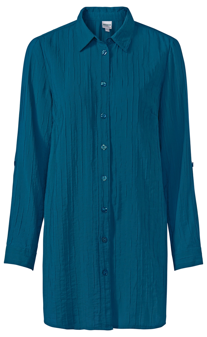 Viskose-Mix Bluse in Petrol mit Strukturmuster, durchgehender Knopfleiste, Hemdkragen, langen Ärmeln mit Riegel und Manschetten, gerade geschnitten und leicht verlängert