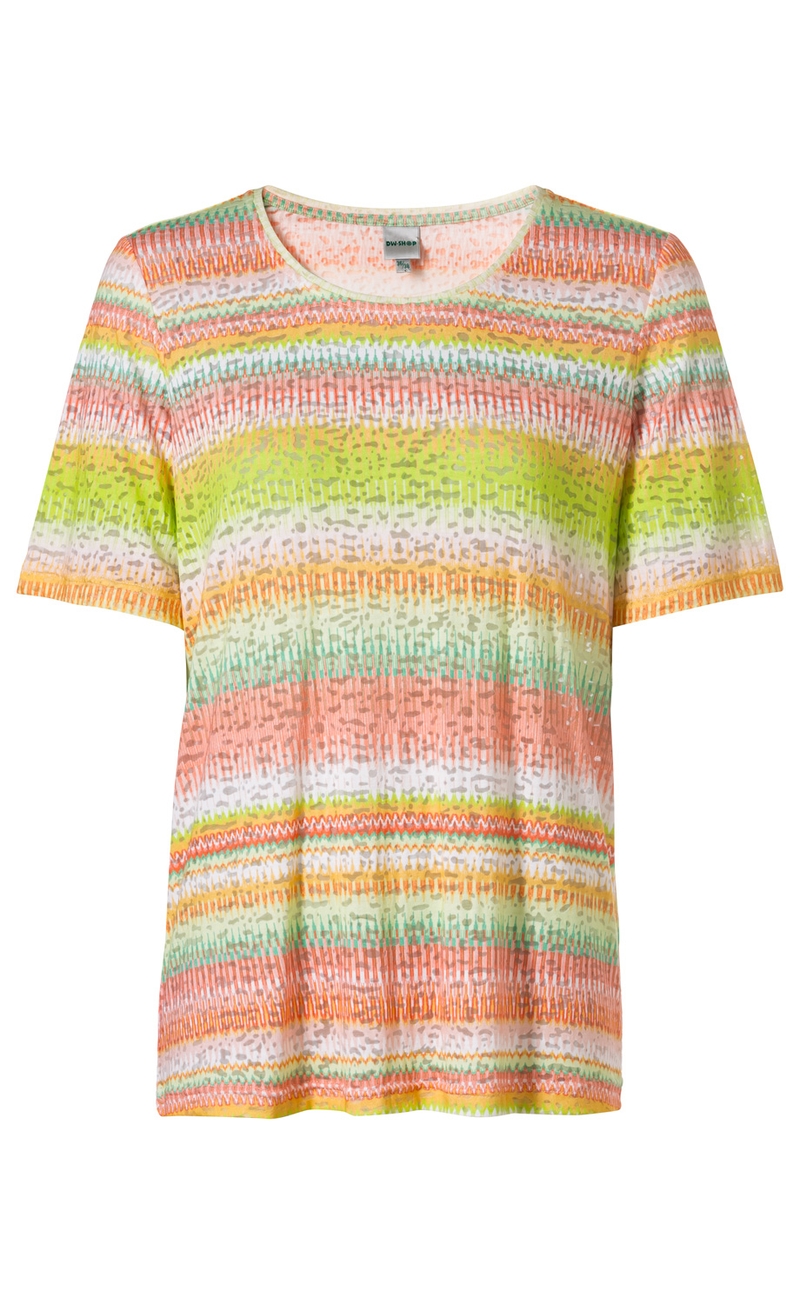 Viskose-Mix-Shirt mit kurzem Arm, Rundhalsausschnitt, in mehrfarbigem Streifenmuster mit Orange-, Grün-, Gelb- und Cremetönen, feine Struktur, normale Passform