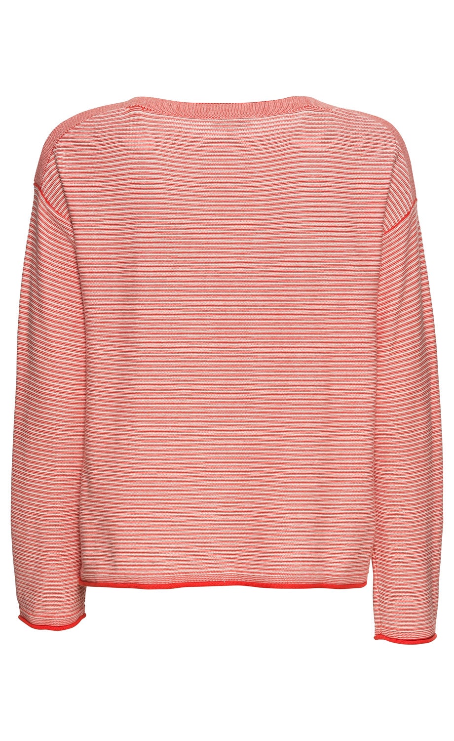 Baumwoll-Pullover, Rückansicht, langärmlig, dünne horizontale Streifen in Rot und Weiß, weiter Rundhalsausschnitt, lockere Passform, gerader Saum mit rotem Abschluss, leichter Stoff