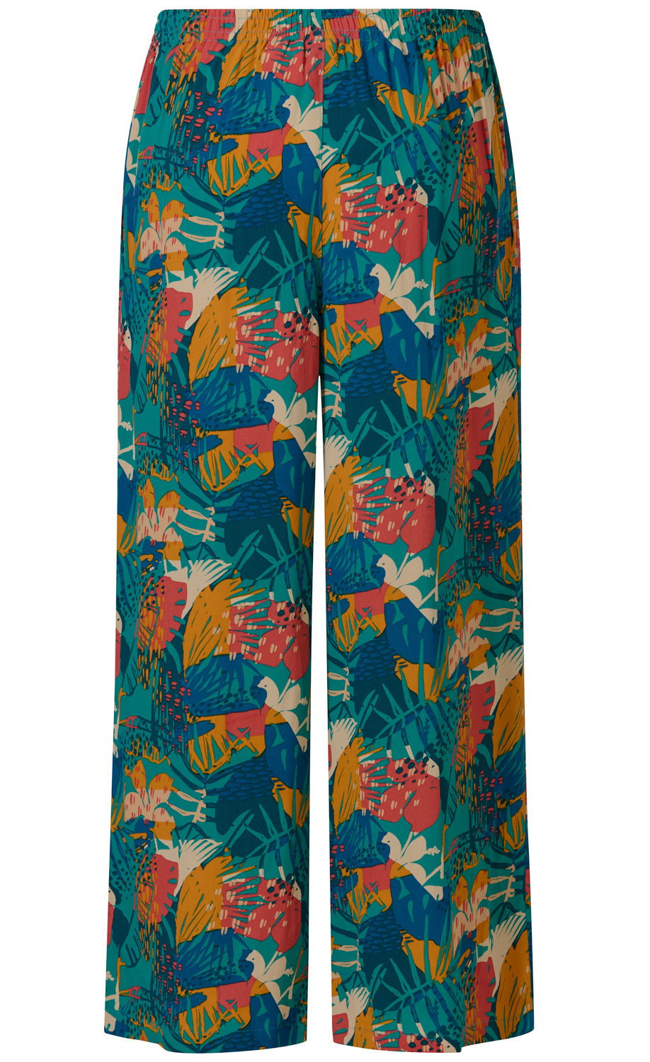 Viskose-Hose mit weitem Bein, elastischem Bund, abstraktem tropischem Muster in Blau, Orange, Rot, Weiß und Grün