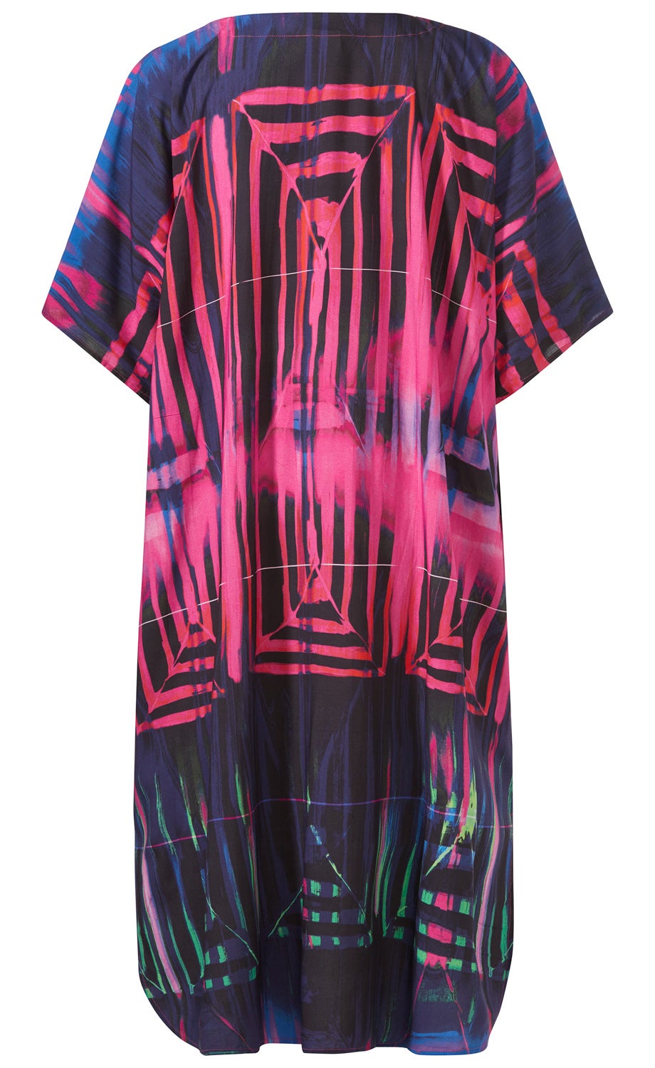 Viskose-Kaftan in Schwarz mit abstraktem Muster aus pinken, roten, blauen und grünen geometrischen Linien und Formen, locker geschnitten, kurze Ärmel, knieumspielende Länge, fließendes, leicht transparentes Material