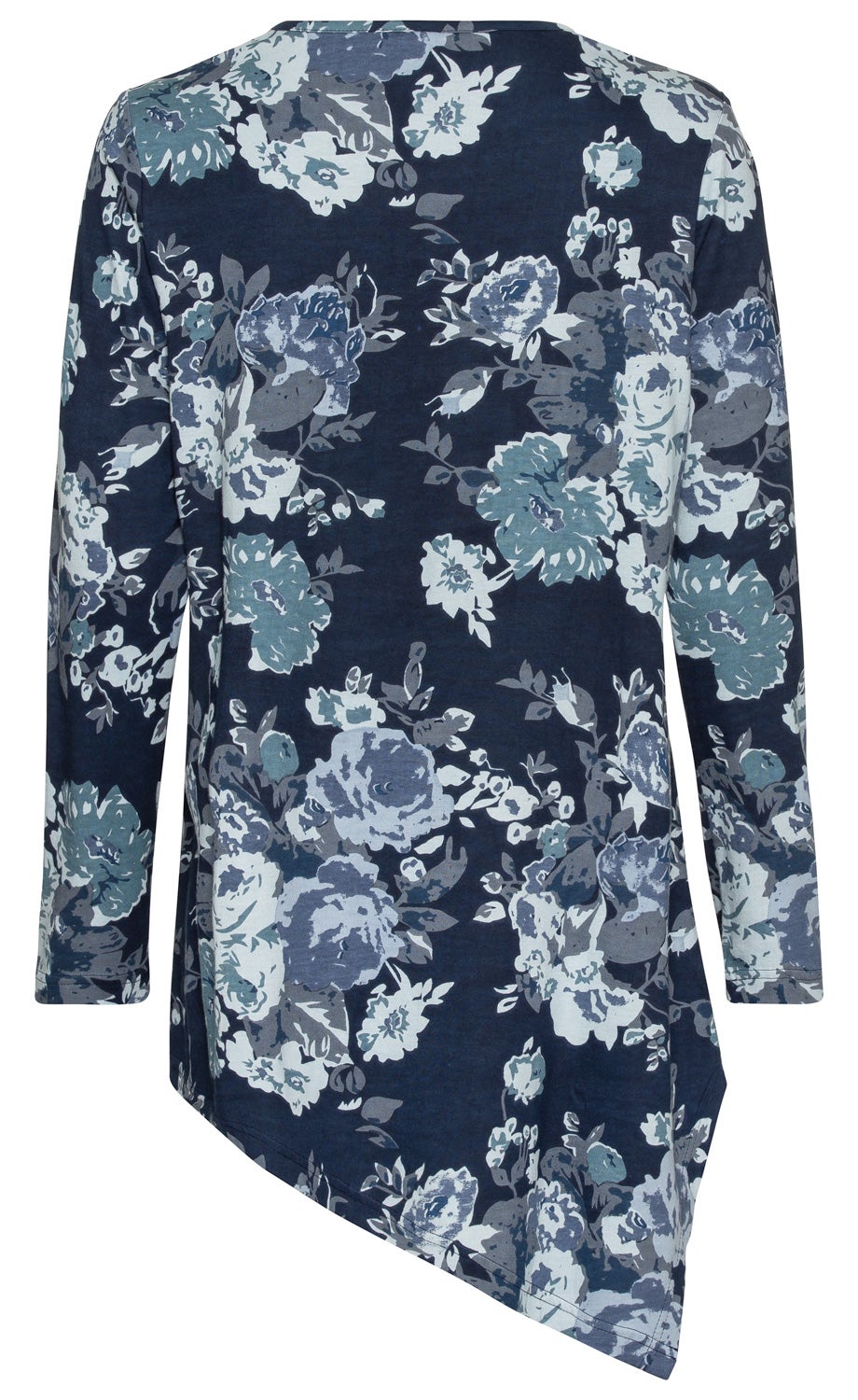 Baumwoll-Mix-Shirt mit asymmetrischem Saum, langärmlig, dunkelblau mit großem floralen Muster in verschiedenen Blautönen und Grau, Rückansicht.