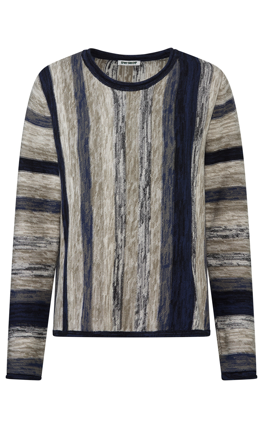 Langärmliger Strickpullover mit Rundhalsausschnitt, gemustert mit vertikalen und horizontalen Streifen in Blau-, Beige- und Grautönen, feine melierte Textur, locker geschnitten, ohne sichtbare Markenlogos außer innerem Etikett