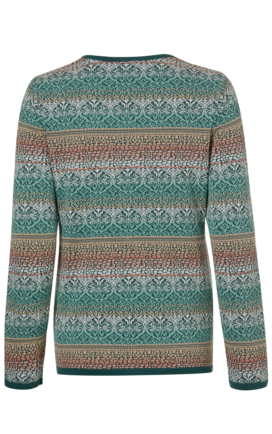 Baumwoll-Pullover mit langem Arm, Rückansicht, mehrfarbig in Grün, Beige und Rosa, mit floralen und geometrischen Mustern, Rundhalsausschnitt, enganliegend, feiner Strick