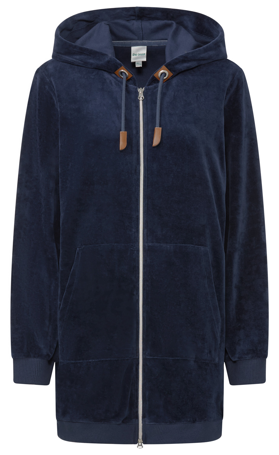 Dunkelblaue Samtjacke mit Kapuze, durchgehendem Reißverschluss, zwei frontalen Taschen, elastischen Bündchen an den Ärmeln, braunen Lederdetails an den Kordeln der Kapuze, knielang, ohne Muster.