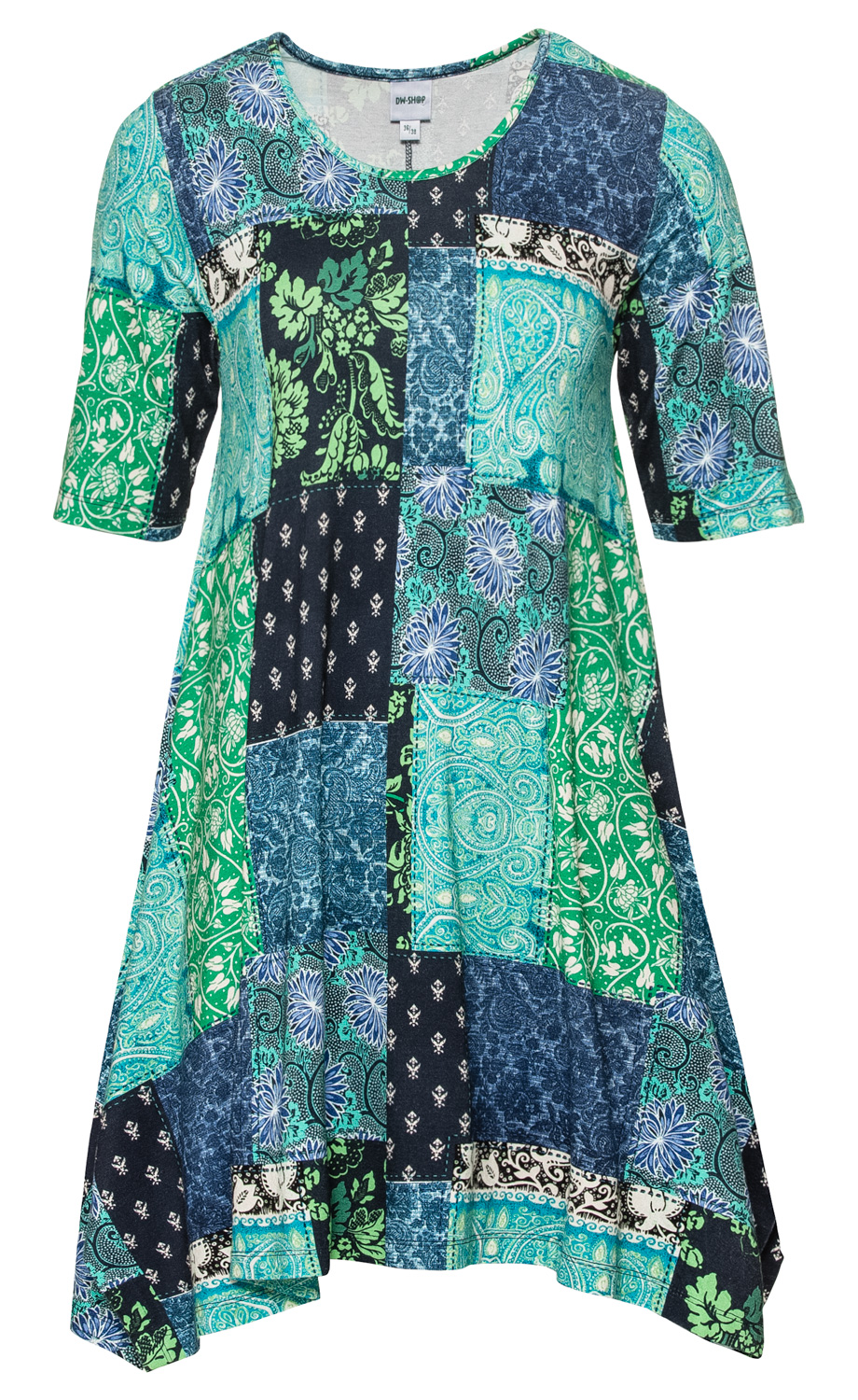 Viskose-Mix-Shirt mit halblangen Ärmeln, weiter Passform, Patchwork-Muster in Blau, Grün und Schwarz mit floralen und paisley Ornamenten, runder Ausschnitt, leichter, fließender Stoff.