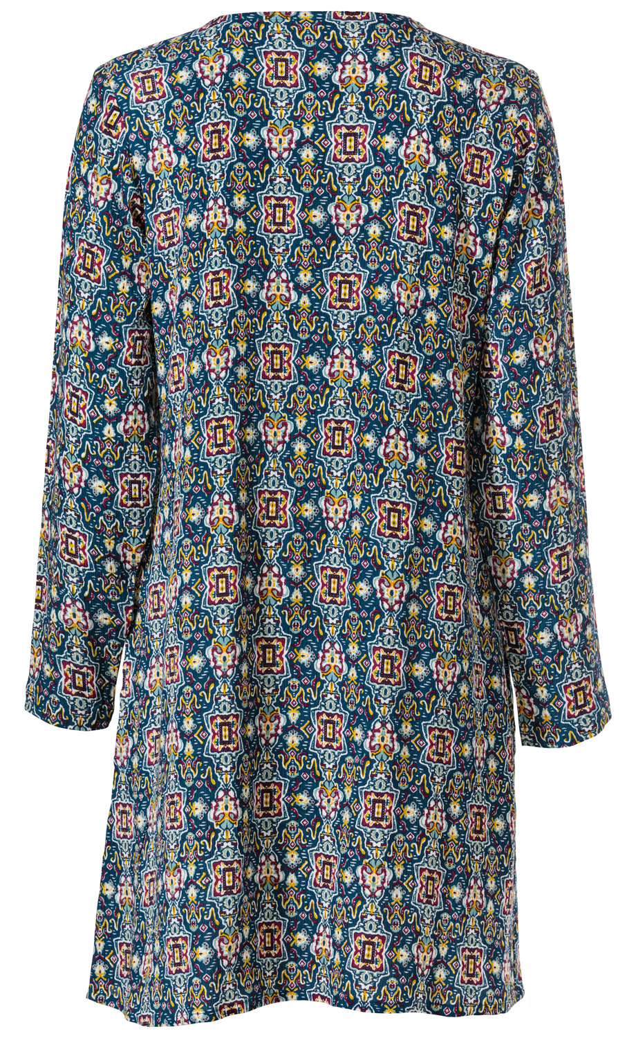 Viskose-Kleid in Midi-Länge, langärmlig, mit farbenfrohem, gemustertem Design in Blau, Rot, Gelb und Weiß, Rückansicht, lockerer Schnitt, leichte Stoffstruktur