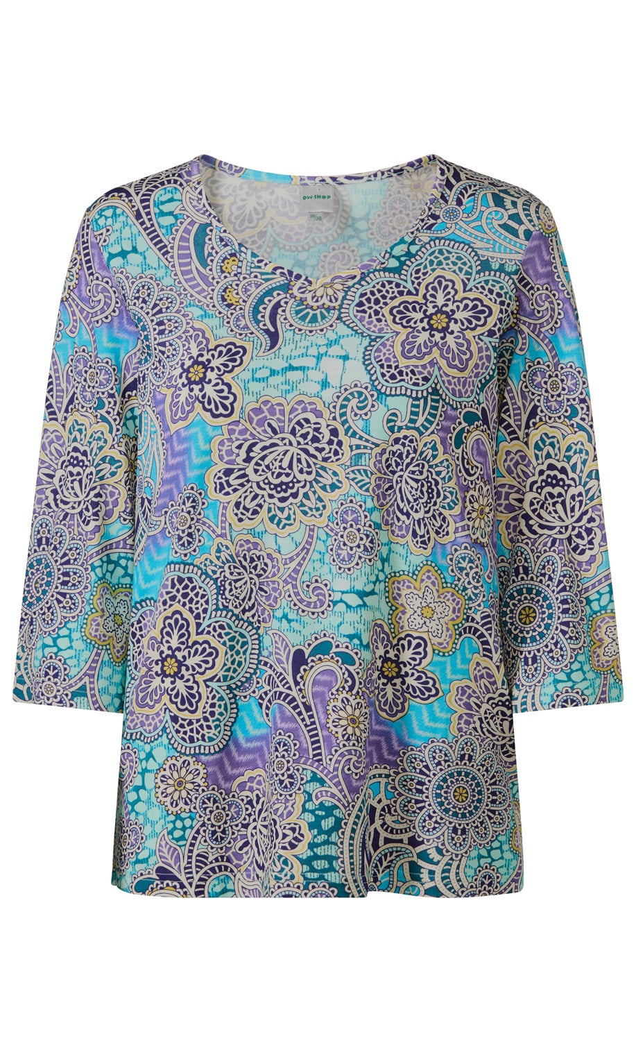 Viskose-Shirt mit V-Ausschnitt, 3/4-Ärmeln, türkis-lila Hintergrund und aufwändigem Blumenmuster in Lila, Weiß und Gelb, gerade geschnittener Saum, weich fließender Stoff