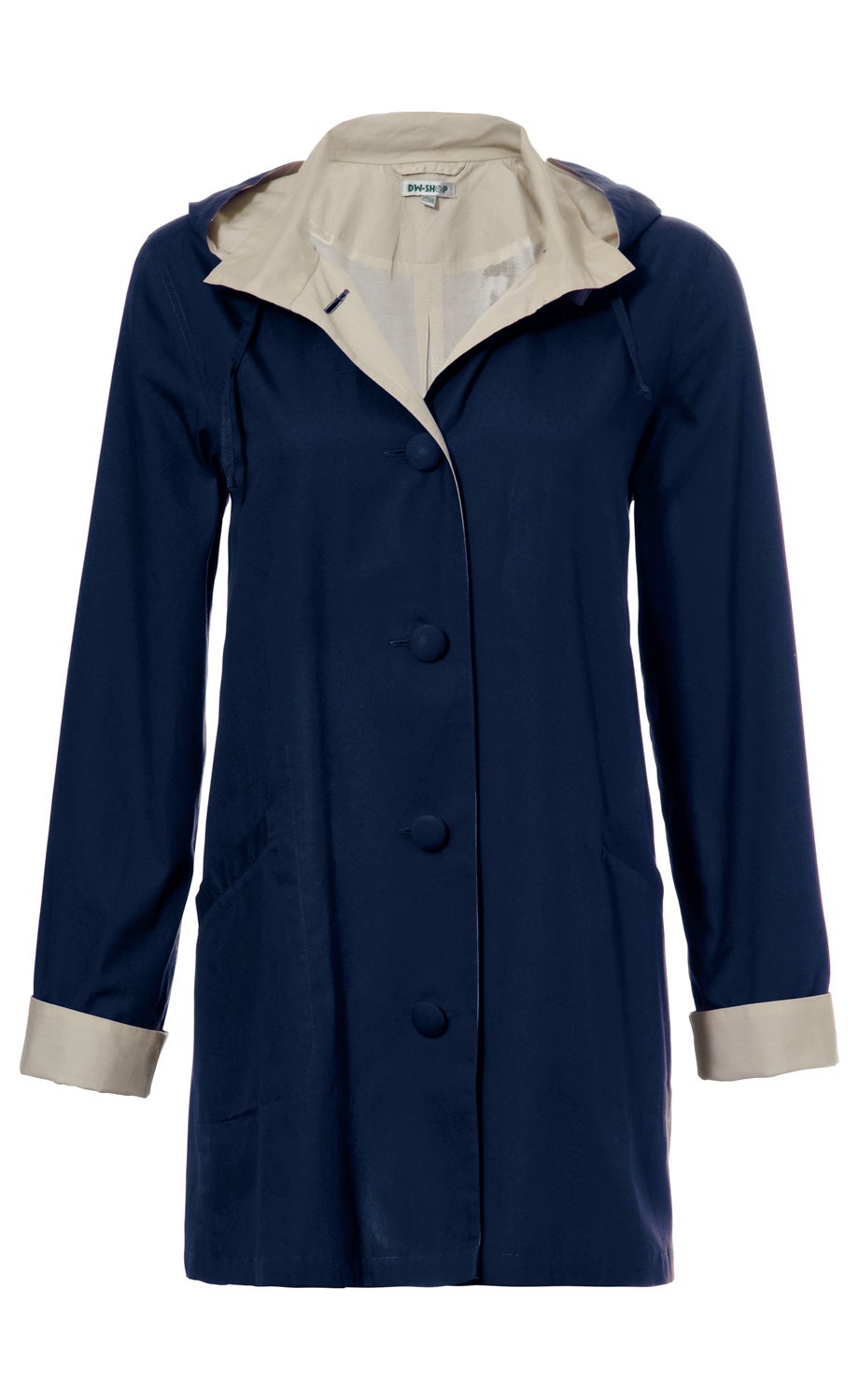 Baumwoll-Jacke in Dunkelblau mit heller, aufklappbarer Kapuze und Ärmelaufschlägen, durchgehender Knopfleiste mit vier Knöpfen, zwei Seitentaschen, mittellang, taillierter Schnitt