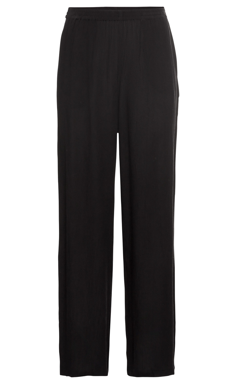 Schwarze Viskose-Hose mit elastischem Bund, geradem Bein und einfacher, eleganter Optik ohne Muster oder zusätzliche Details