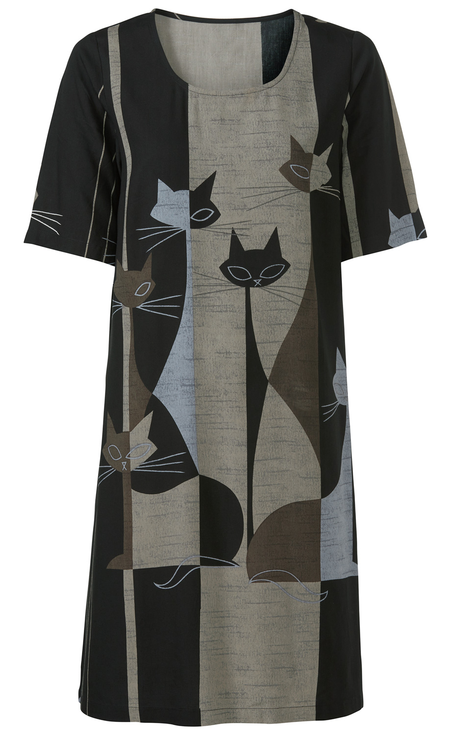 Viskose-Kleid mit halblangen Ärmeln, Rundhalsausschnitt, schwarz und beige mit abstraktem Katzenmuster in braun, grau und schwarz, gerader Schnitt, knielang