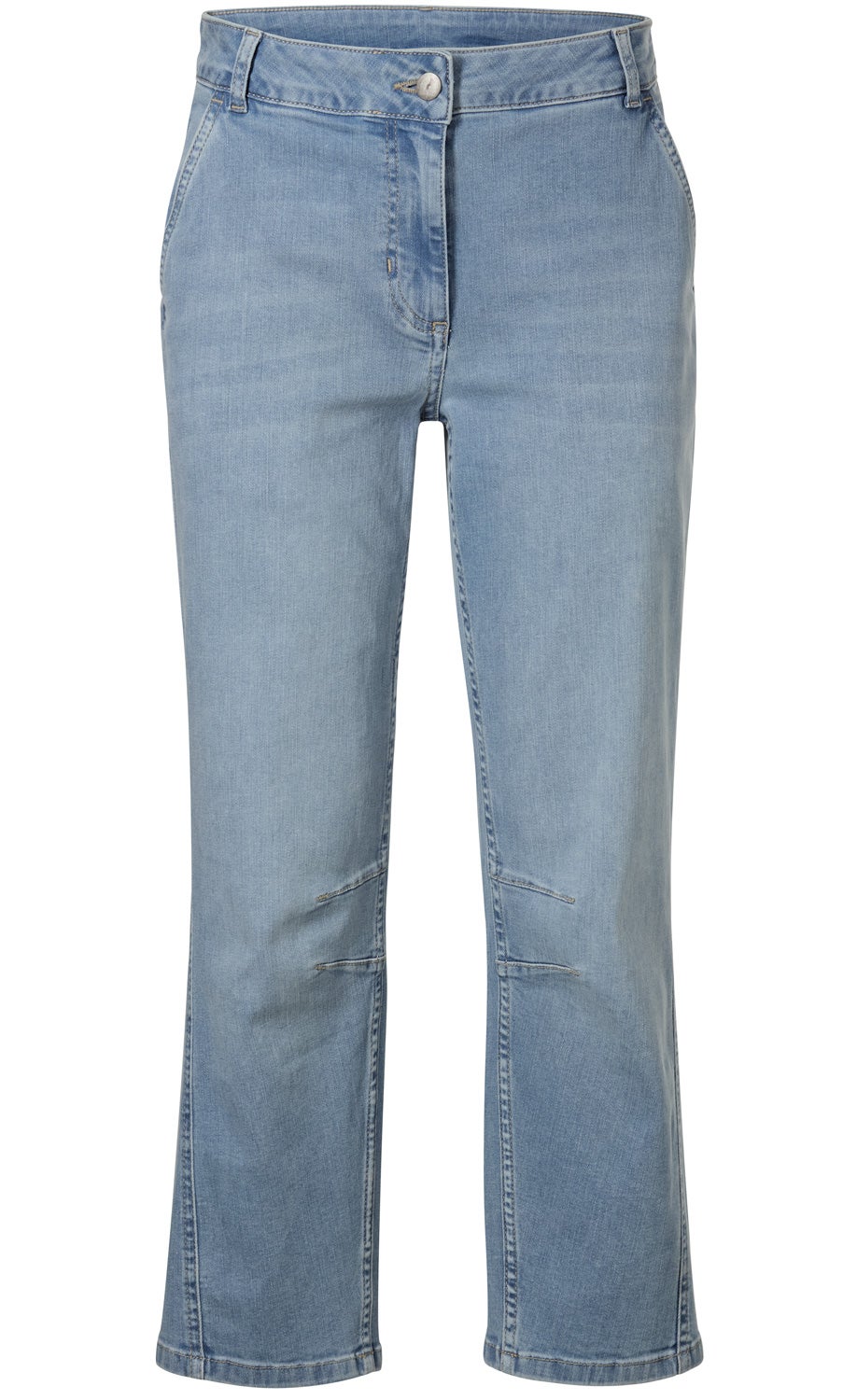 Baumwoll-Mix-Hose in hellblauer Denim-Optik, gerade geschnitten, mit Reißverschluss, Knopfverschluss, Gürtelschlaufen und zwei Seitentaschen, leicht ausgewaschen mit Detaillierungen an den Knien