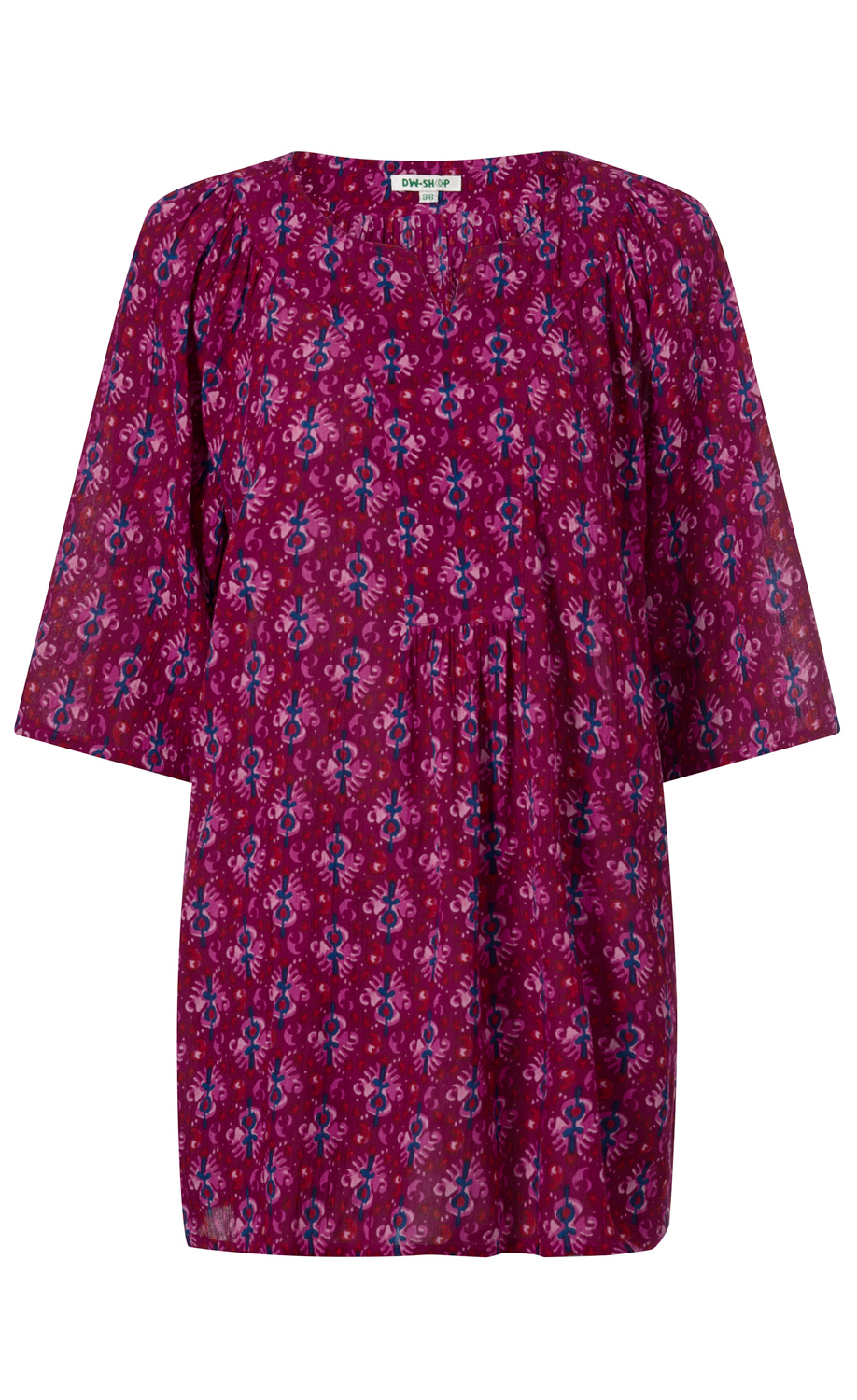 rote Viskose-Tunika mit blau-rosa floralem Muster, dreiviertellangen Ärmeln, rundem Ausschnitt mit kleinem Schlitz und leichter Taillierung