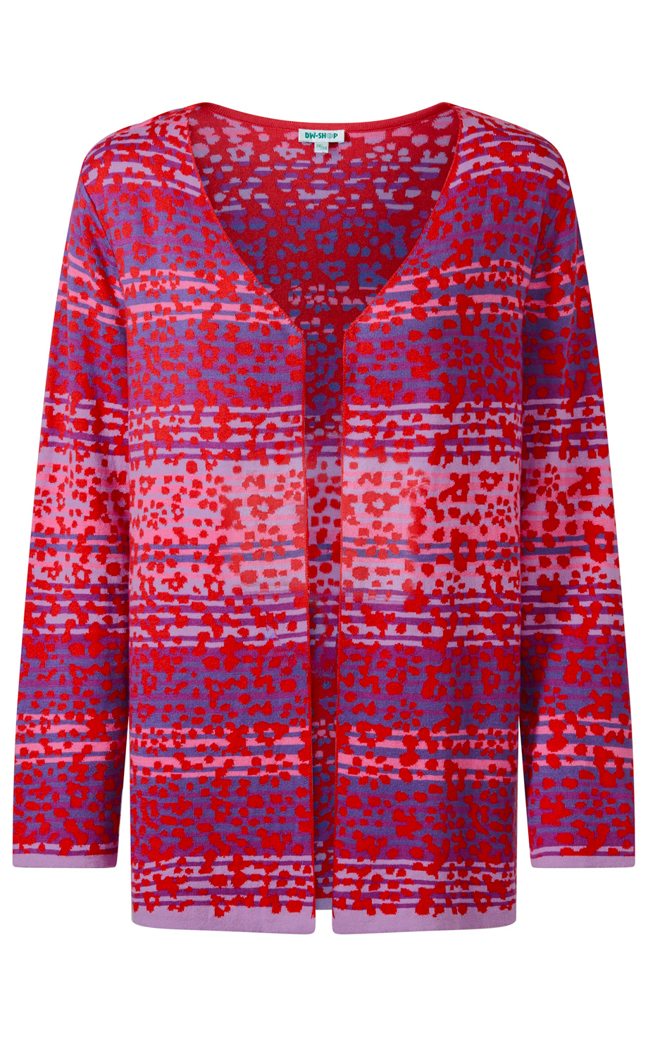 Baumwoll-Strickjacke, offen, langärmlig, mit buntem abstraktem Muster in Rot, Pink und Lila, V-Ausschnitt, gerade geschnitten, leichte Struktur, locker fallend, ohne Verschluss, modern und farbenfroh gestaltet