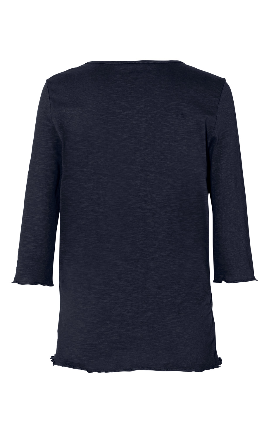 dunkelblaues Baumwoll-Shirt mit 3/4-Ärmeln, Rückansicht, leicht gewellter Saum und Ärmelenden, schlichter Rundhalsausschnitt, feine Struktur im Stoff sichtbar