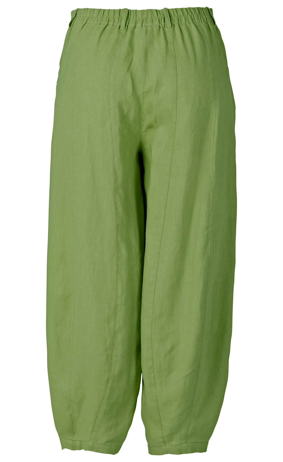 Hellgrüne Leinen-Hose mit elastischem Bund und weitem Bein, locker geschnitten, mit abgenähten Bügelfalten und gerafftem Saum am Beinabschluss, ohne sichtbare Taschen oder Verschlüsse.
