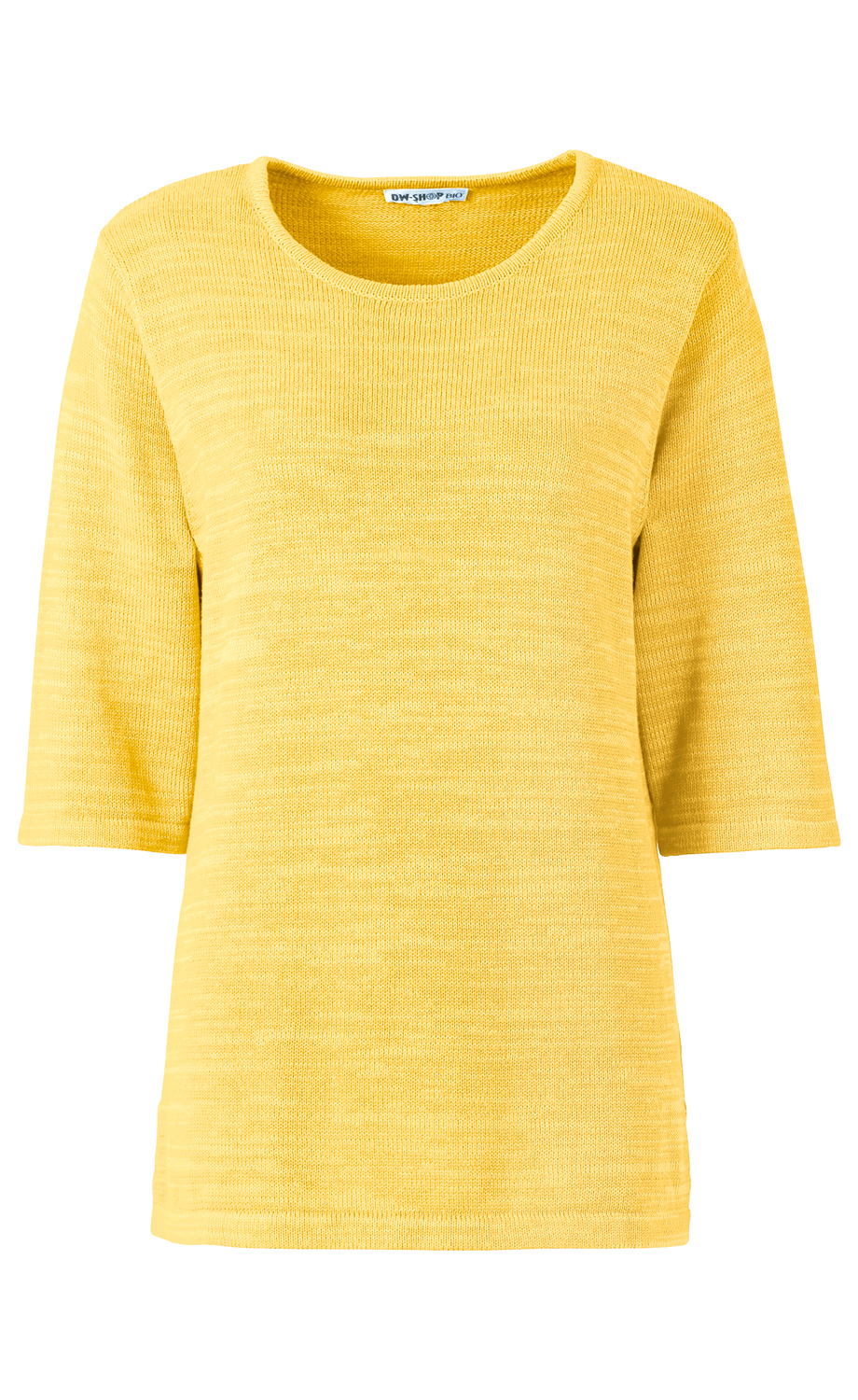 gelber Baumwoll-Pullover mit halblangen Ärmeln und Rundhalsausschnitt, leichte Strickstruktur, schlichtes Design, Vorderansicht auf weißem Hintergrund