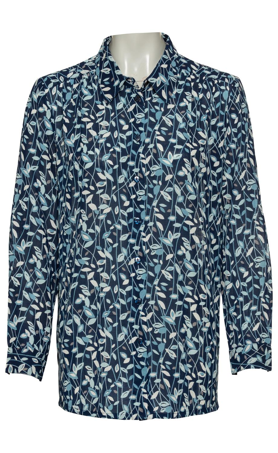Dunkelblaue Viskose-Mix-Bluse mit weißem und hellblauem floralem Blattmuster, langärmlig, Knopfleiste vorne, klassischer Kragen, leichte Falten am Schulterbereich