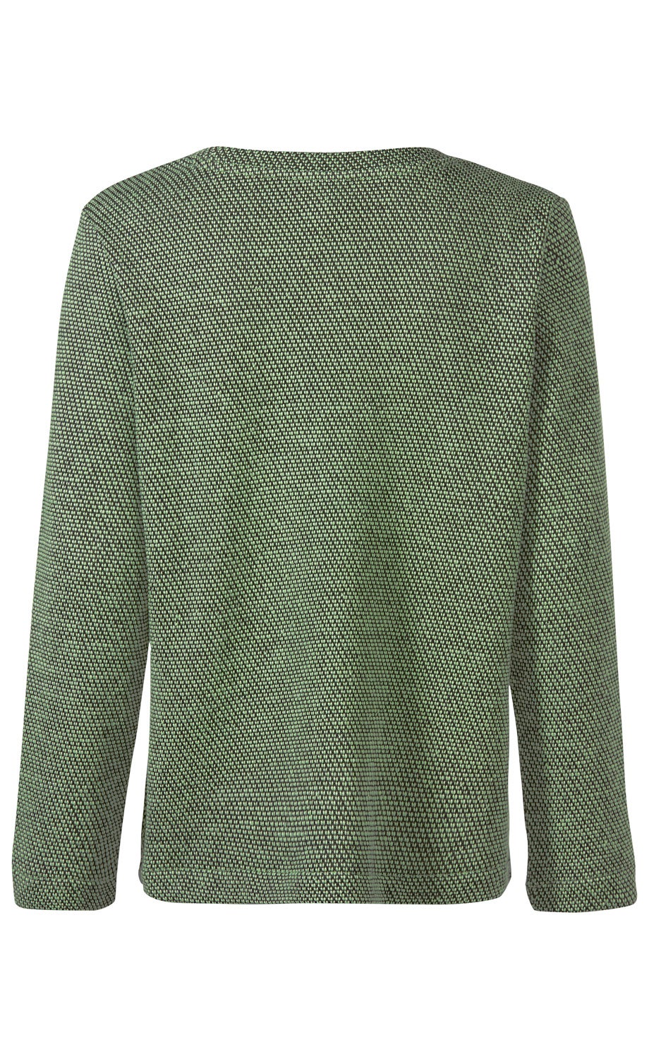 Rückansicht Baumwoll-Mix-Pullover in grün-beigem feinem Strickmuster, langärmlig, mit rundem Halsausschnitt, gerade geschnitten, locker fallend