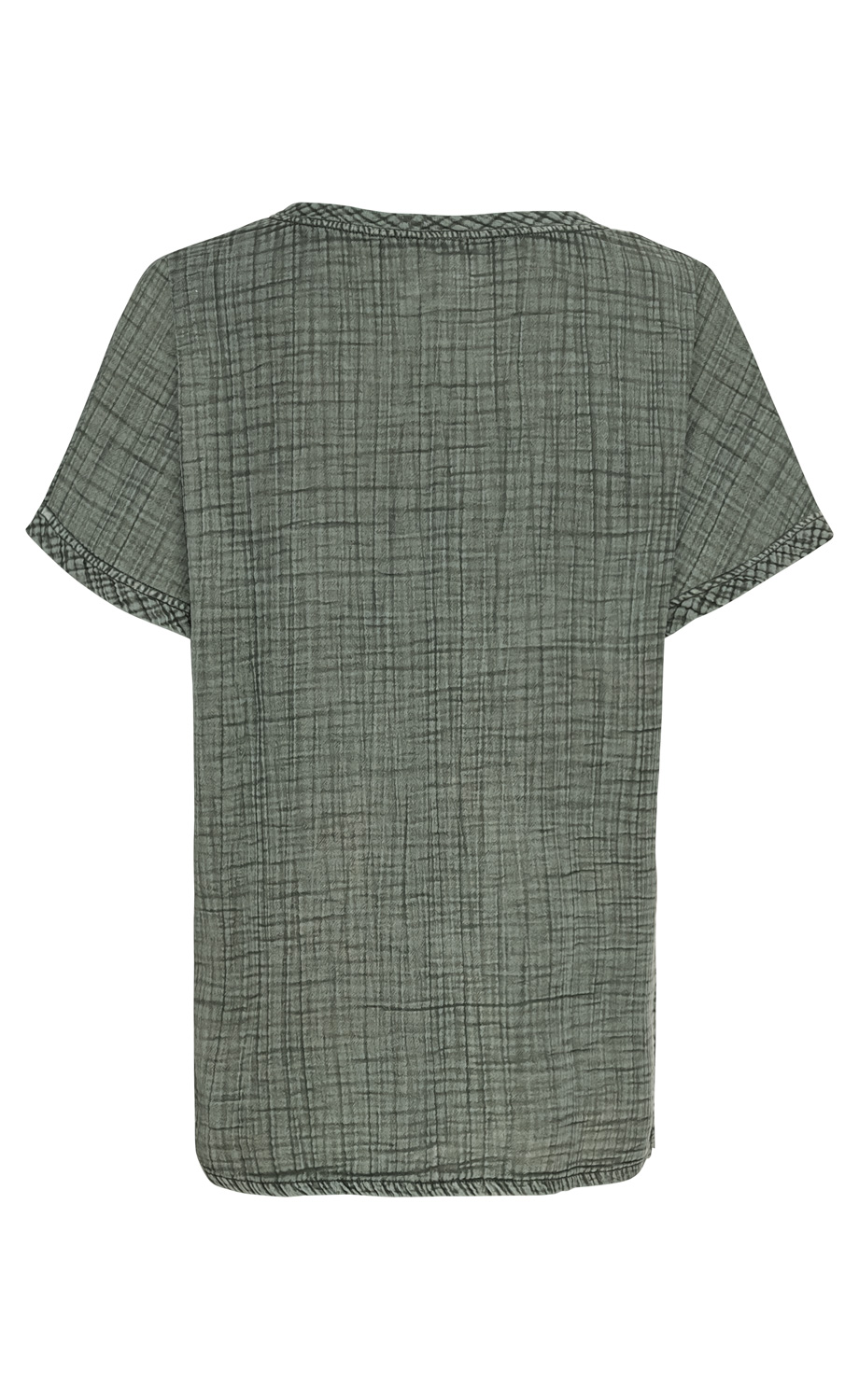 Baumwoll-Bluse in khaki mit kurzem Arm, rundem Ausschnitt, weichem, leicht strukturiertem Stoff und geradem Saum, Rückansicht