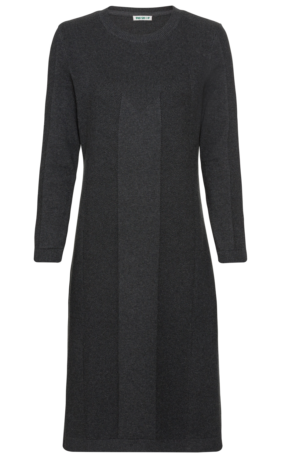 Dunkelgraues Baumwoll-Kleid mit langen Ärmeln, rundem Halsausschnitt und strukturierten Mustern vorne, knieumspielend, eng anliegend, gerader Saumabschluss.
