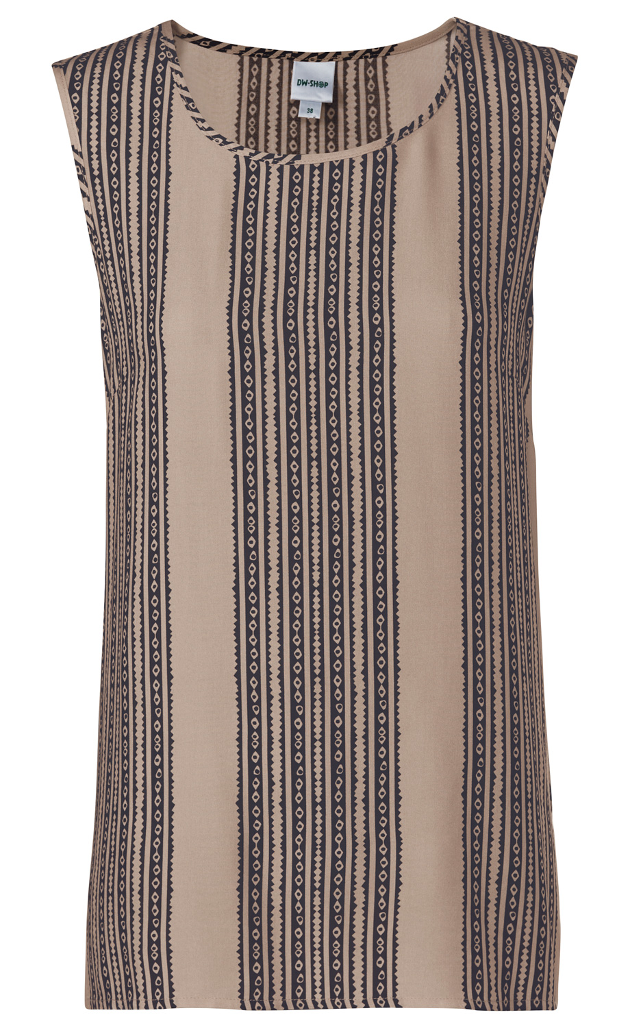 Ärmelloses Viskose-Top in Beige mit dunkelblauem, vertikal gestreiftem Muster und Rundhalsausschnitt, gerade Passform, Größe 38, leichter Stoff