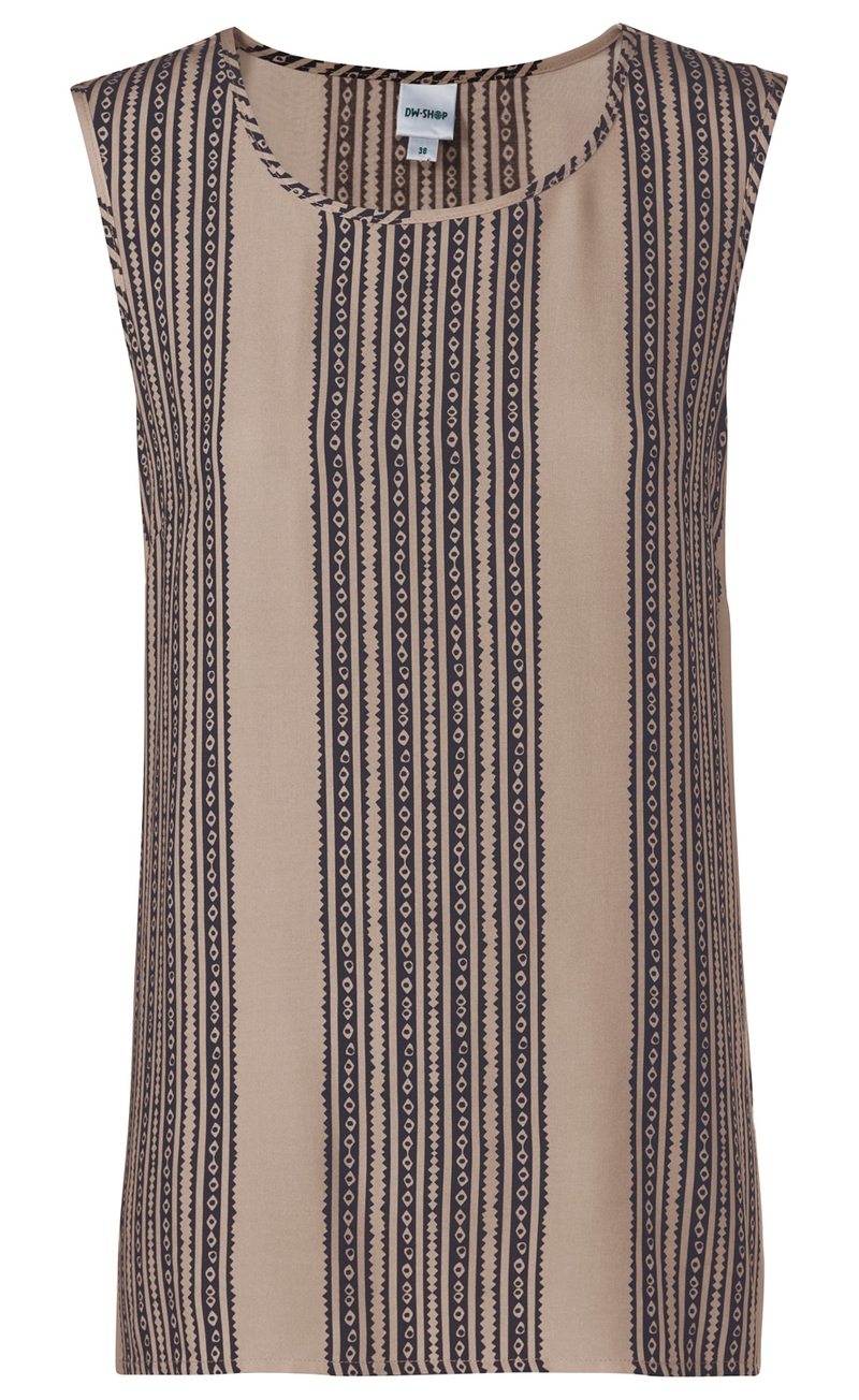 Ärmelloses Viskose-Top in Beige mit dunkelblauem, vertikal gestreiftem Muster und Rundhalsausschnitt, gerade Passform, Größe 38, leichter Stoff