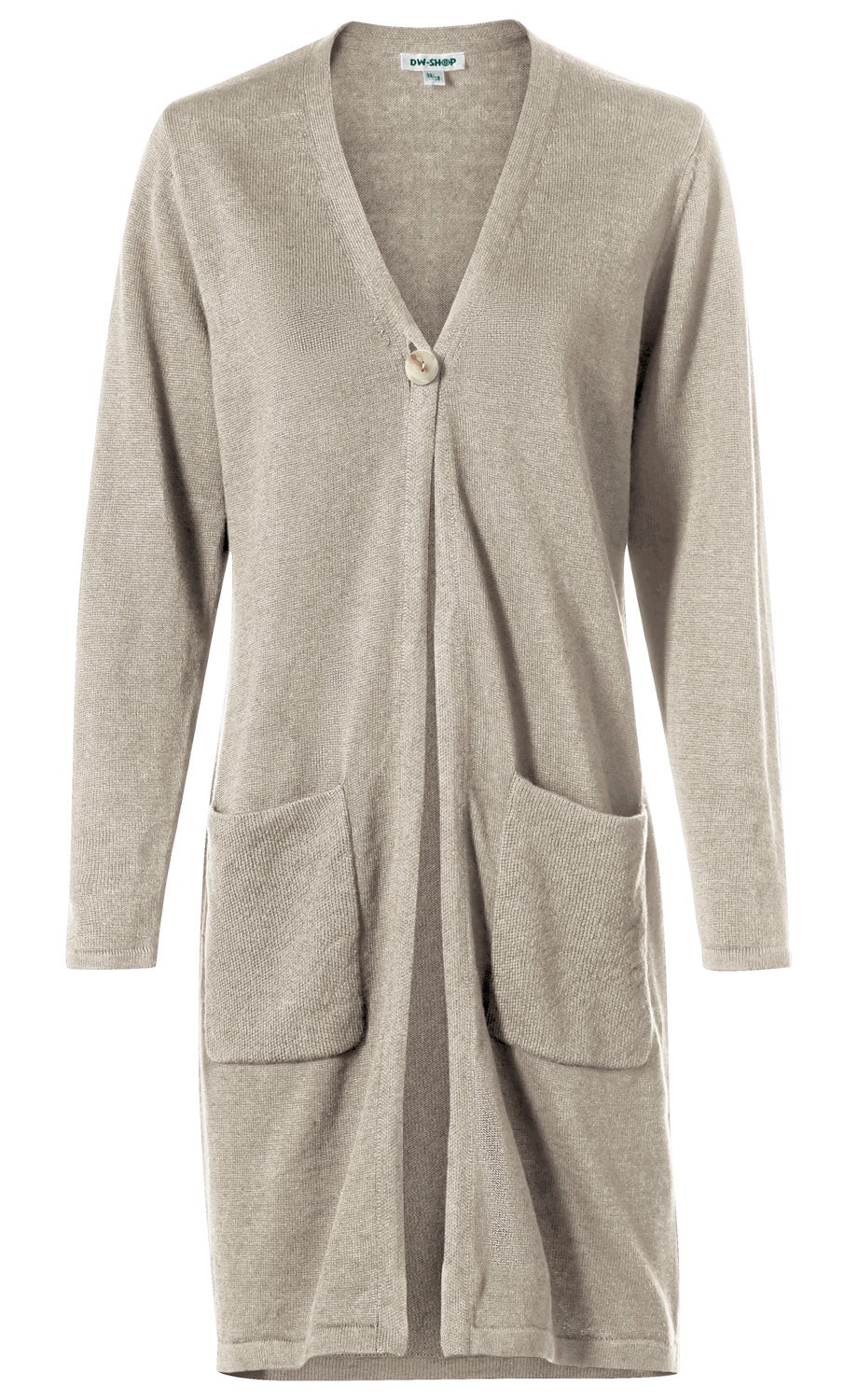 Beige Leinen-Mix-Strickjacke mit V-Ausschnitt, langärmelig, einer Knopfleiste mit einem großen Knopf vorne, zwei aufgesetzten Taschen und geradem Saum, locker geschnitten, für Damen