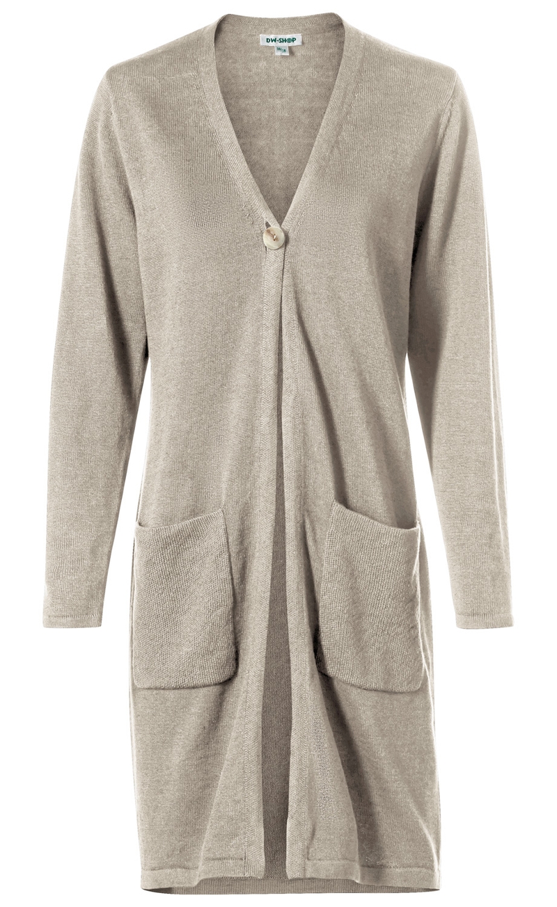 Beige Leinen-Mix-Strickjacke mit V-Ausschnitt, langärmelig, einer Knopfleiste mit einem großen Knopf vorne, zwei aufgesetzten Taschen und geradem Saum, locker geschnitten, für Damen
